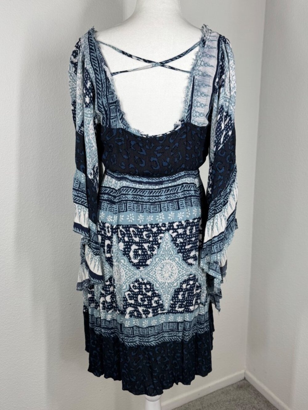 Free People Dress Kaftan Sleeve Mini Blue Boho Ruffle Sz S Square Neck Peasant - Picture 4 of 10